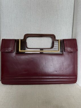 Vintage Burgundy Leather Lucite Handle Top Handle Clutch Bag